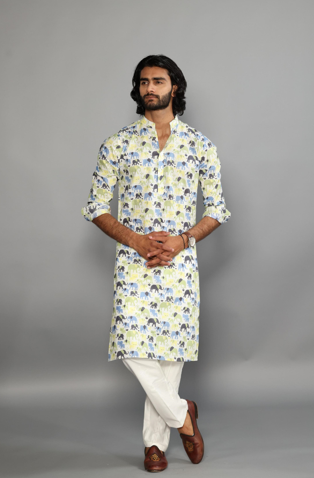 Elegant Multi-Elephant Print Sanganeri White Kurta Pajama Set | Diwali, Eid , Pooja | Traditional , Functional , Wedding, Indian Party Wear