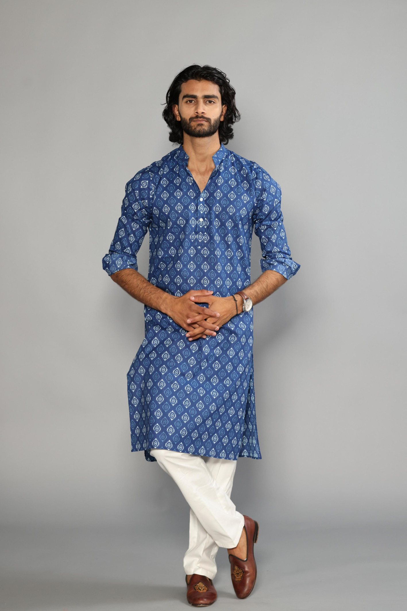 Hand-crafted Navy Blue Damask Print Sanganeri Kurta Pajama Set | Diwali, Eid , Pooja | Traditional , Functional , Wedding , Indian Party Wear