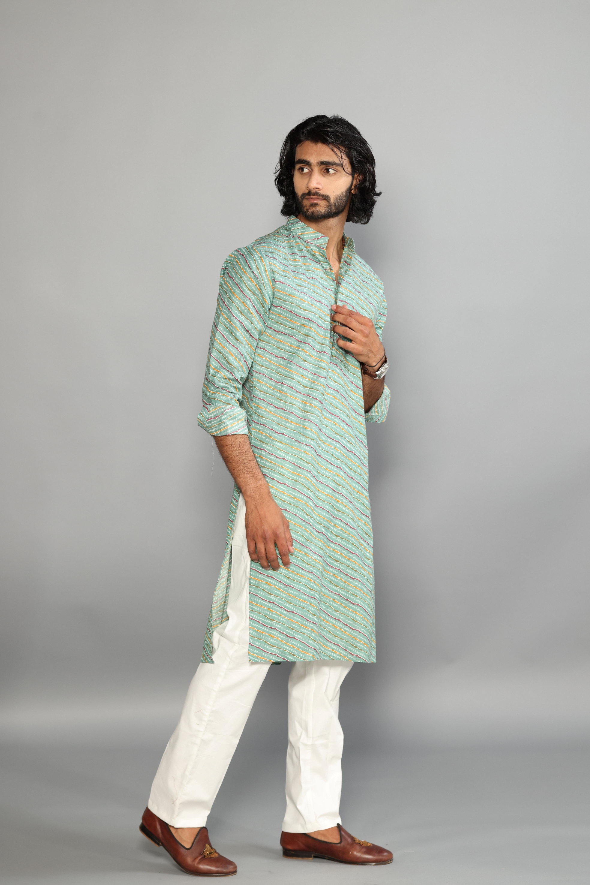 Jaipuri Aqua Green Leheriya Bandhej Printed Kurta Pajama Set | Diwali, Eid , Pooja | Traditional , Functional , Wedding , Indian Party Wear