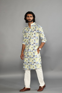 Elegant Multi-Elephant Print Sanganeri White Kurta Pajama Set | Diwali, Eid , Pooja | Traditional , Functional , Wedding, Indian Party Wear
