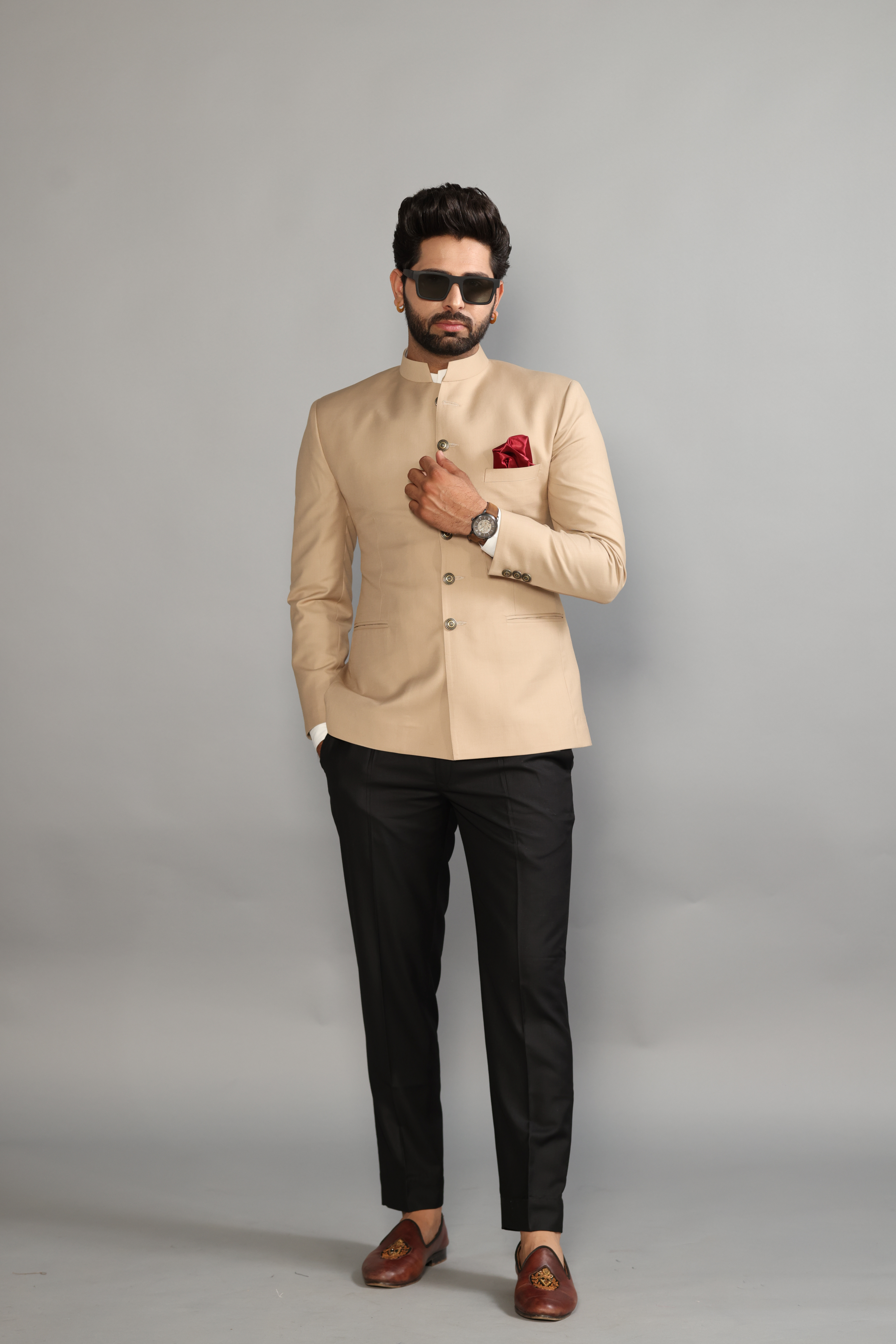 Exclusive Fawn Jodhpuri  Bandhgala  with Black Trouser | Perfect Wedding and Party Wear | Free Personalisation|