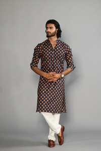 Hand-crafted Red Booti printed Navy Blue Sanganeri Kurta-Pajama Set | Diwali, Eid , Pooja | Traditional , Functional , Wedding , Indian Party Wear