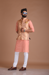 Traditional Floral Pattern Banarasi Brocade Nehru Jacket with Silk Kurta Pajama Set| Fee Personalisation |  Best for Sangeet Function | Family Function|