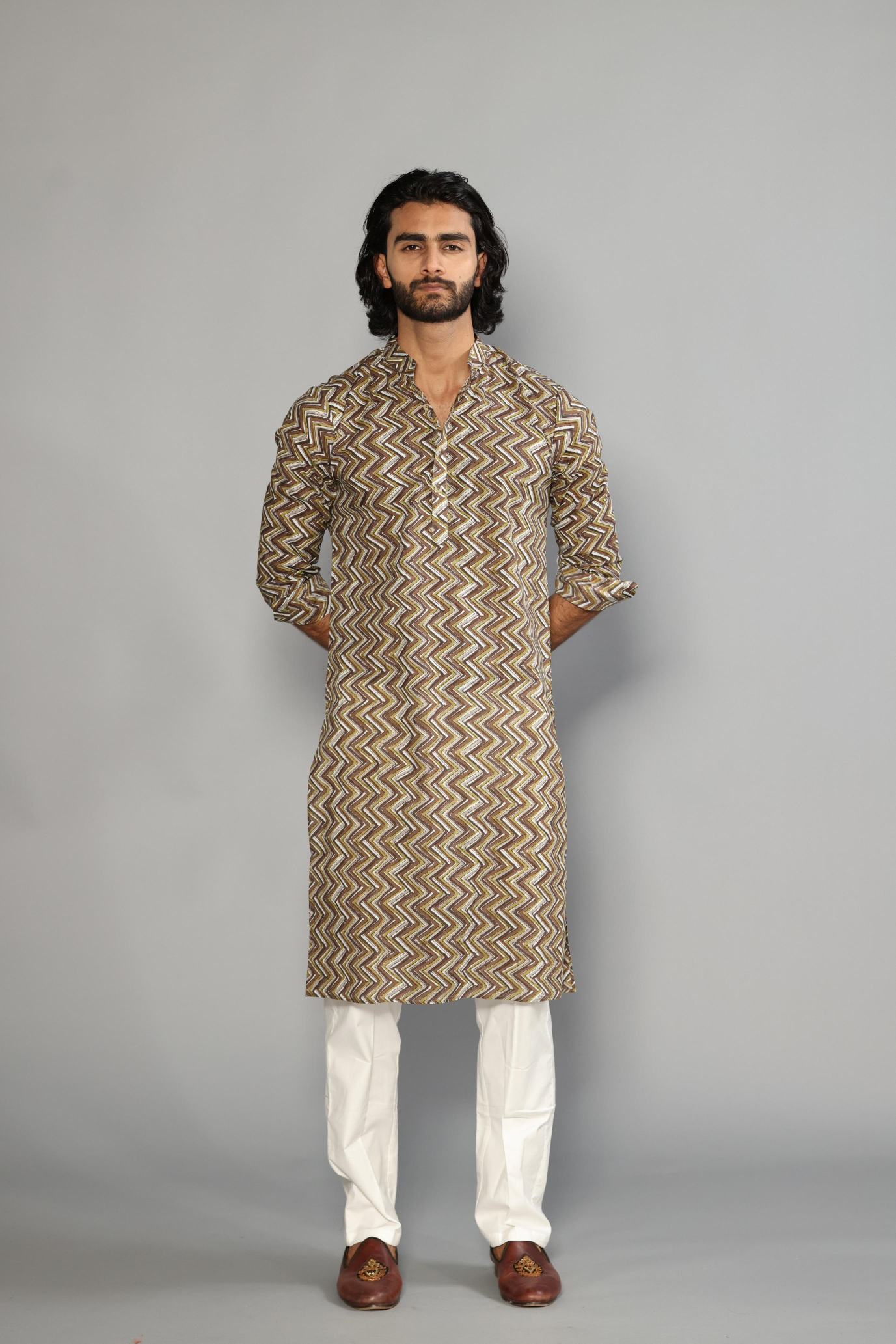 Elegant Cedar Brown Zigzag Printed Sanganeri Kurta Pajama Set | Diwali, Eid , Pooja | Traditional , Functional , Wedding , Indian Party Wear