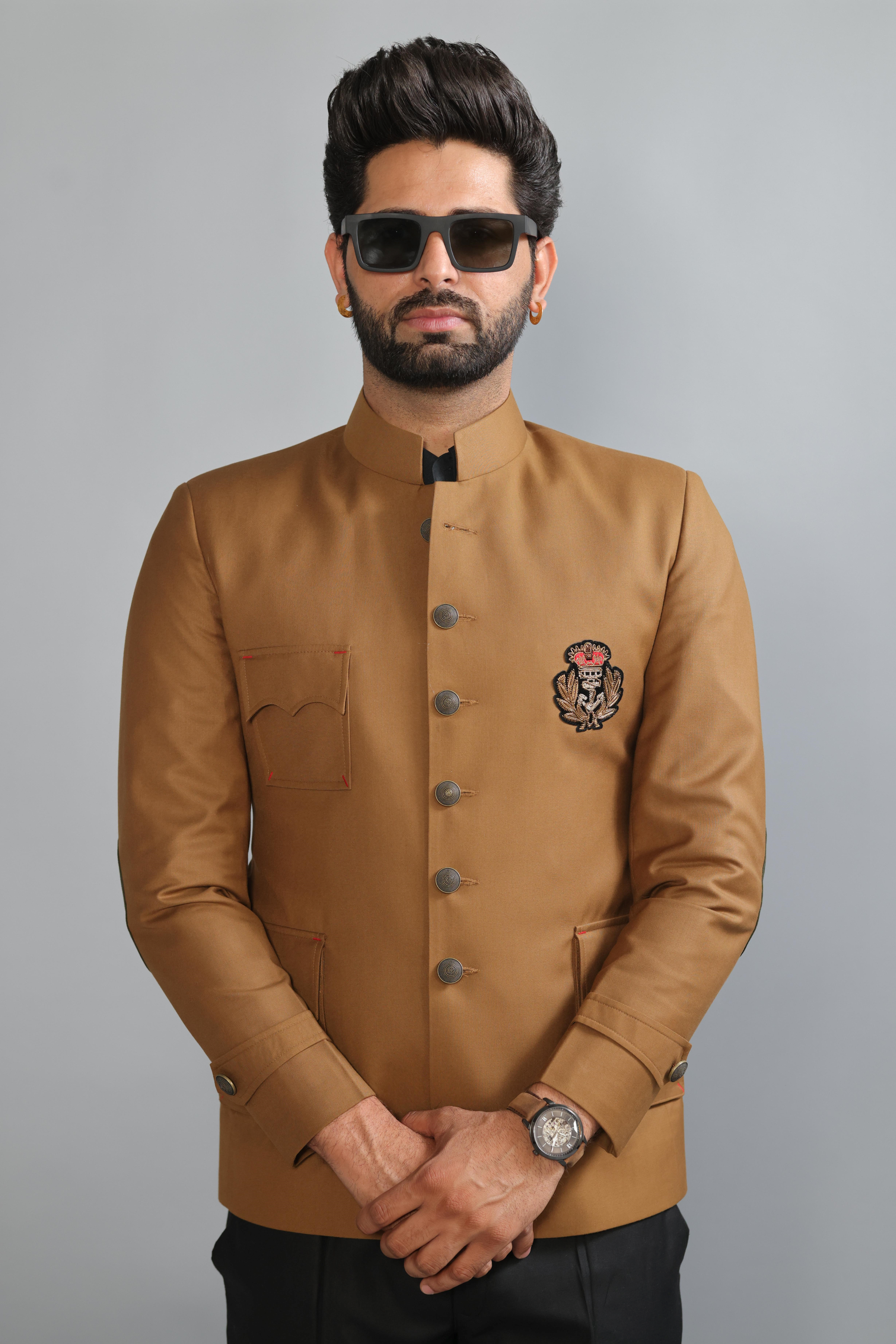 Stunning Camel Brown Bandhgala With Zardozi Embroidered Patch | Black Trouser | Free Personalisation Handmade | Perfect for Wedding and Party Wear |