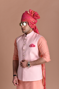 Elegant Pink Rajputana Style Nehru Jacket with Peach Silk Kurta Pajama Set| Terry Rayon | Perfect Traditional Functions Weddings | Father Son Combo