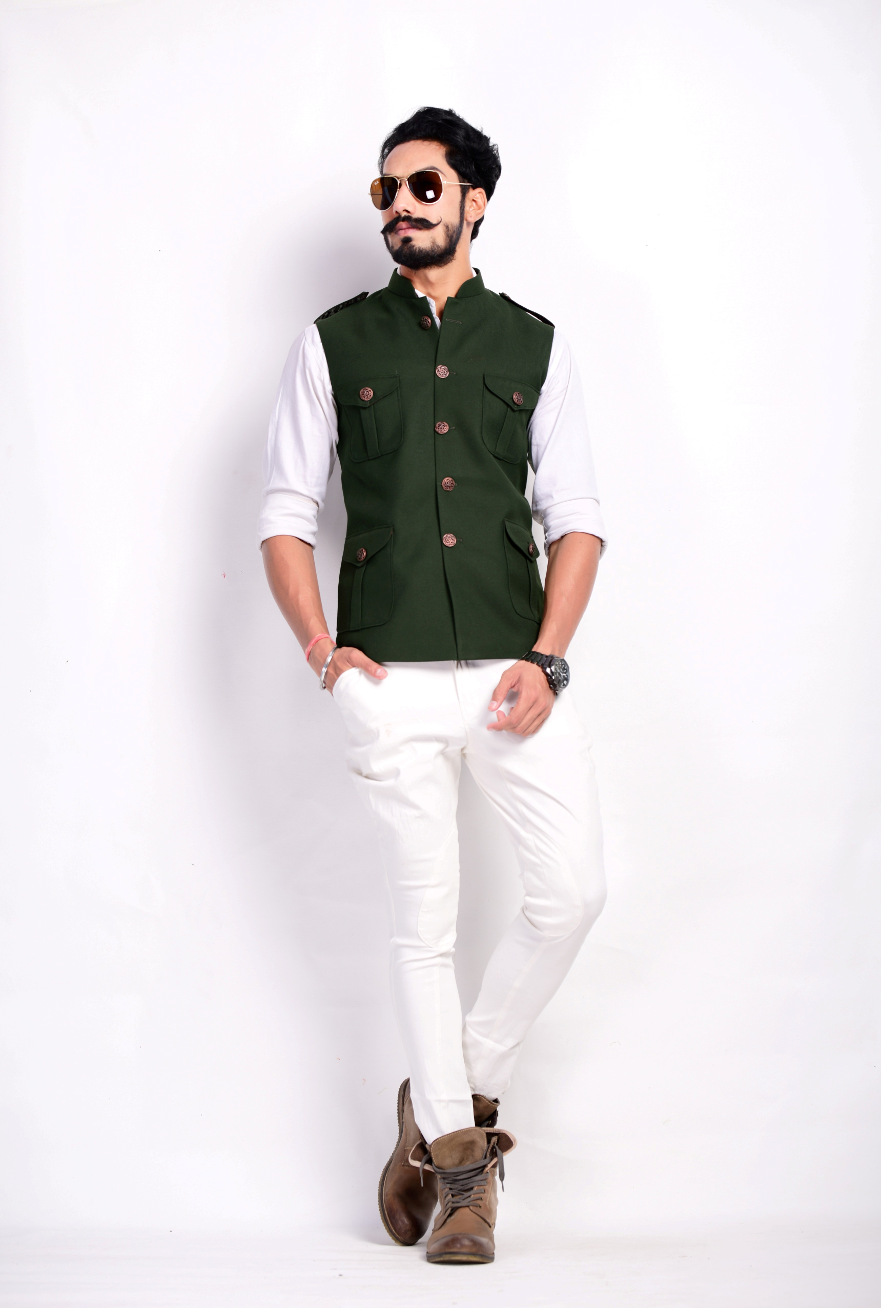 Stylish Dark Green Semi Hunting Jacket with White Shirt and Breeches| Perfect for Casual wear, Festive wear|