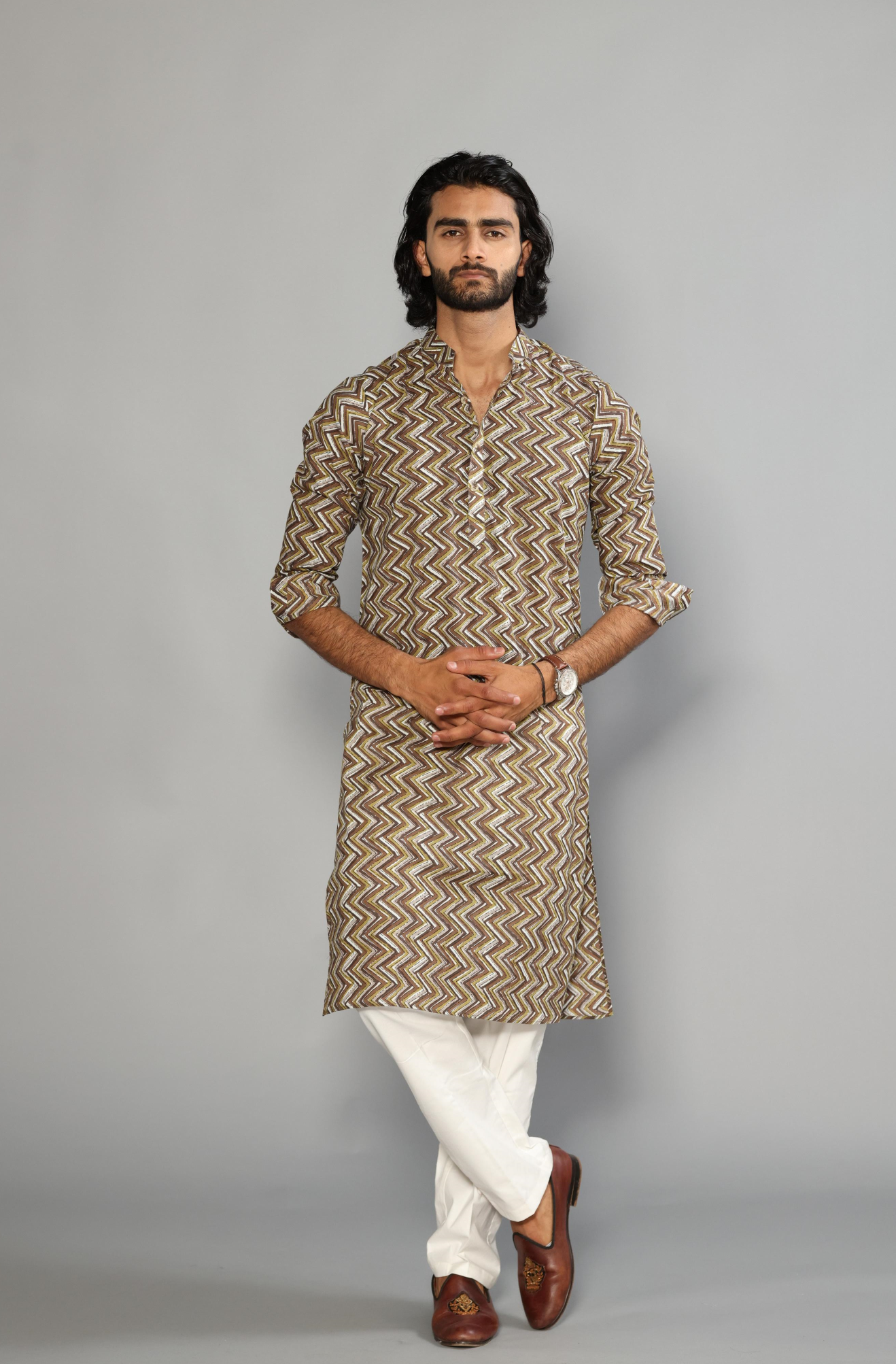 Elegant Cedar Brown Zigzag Printed Sanganeri Kurta Pajama Set | Diwali, Eid , Pooja | Traditional , Functional , Wedding , Indian Party Wear