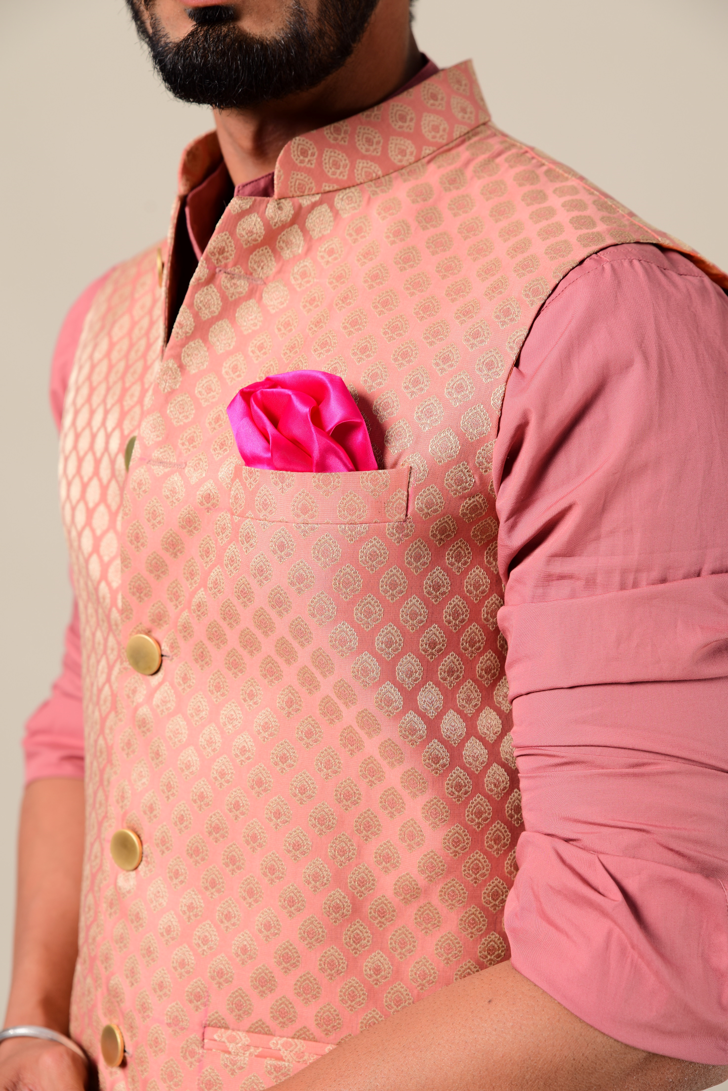 Stunning Ballet Pink Brocade Half Jodhpuri Jacket with Kurta-Pajama Set| Perfect for Wedding wear, Functional wear and Festive wear| Raksha Bandhan ,Diwali, Navratri|