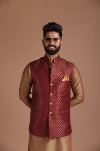 Traditional Wine Booty Pattern Banarasi Silk Nehru Half Jacket with Kurta Pajama Set | Wedding Functions Raksha Bandhan Diwali Eid Open Lawn Party