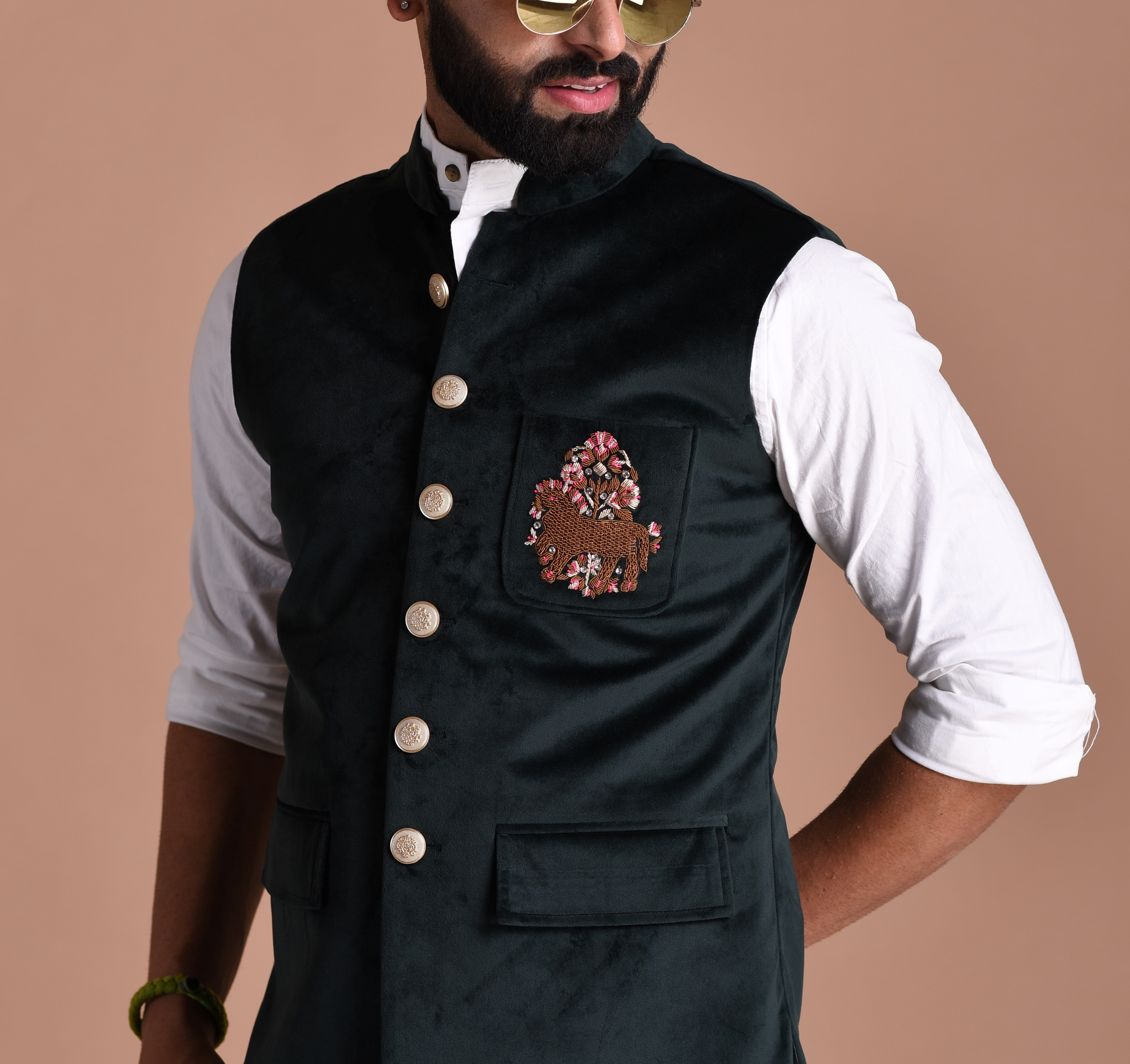 Aesthetic Hand Embroidered Royal Horse Velvet Jodhpuri Half Jacket