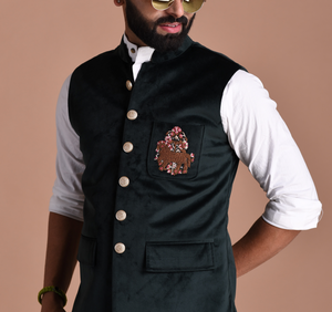Aesthetic Hand-Embroidered Royal Horse Velvet Jodhpuri Half Jacket with White Kurta Pajama Set | Dark Green Color | Free Personalization |