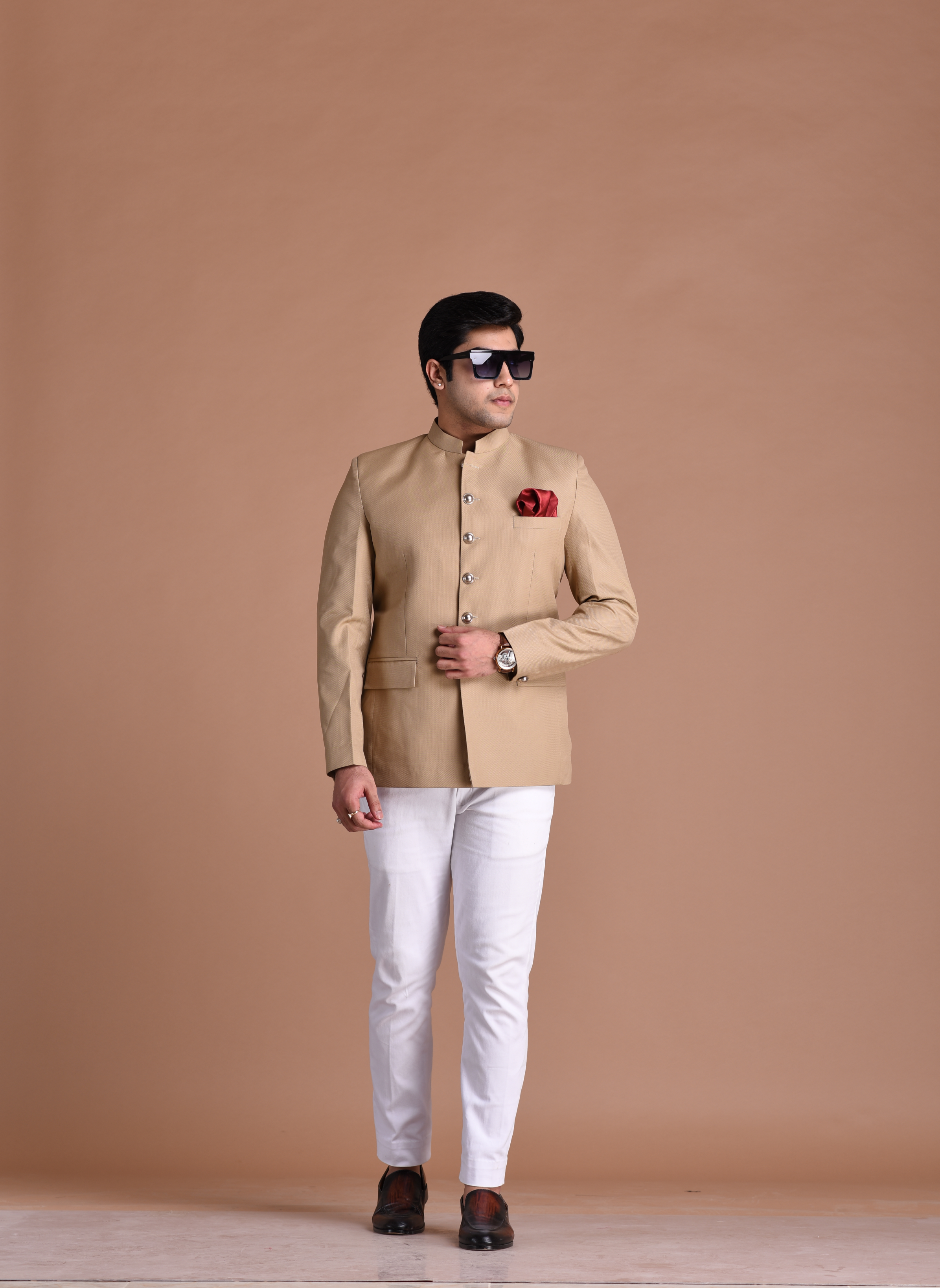 Exclusive Tan Brown Designer Jodhpuri  Bandhgala with White Trouser | Wedding Functions | Perfect for formal Party Wear