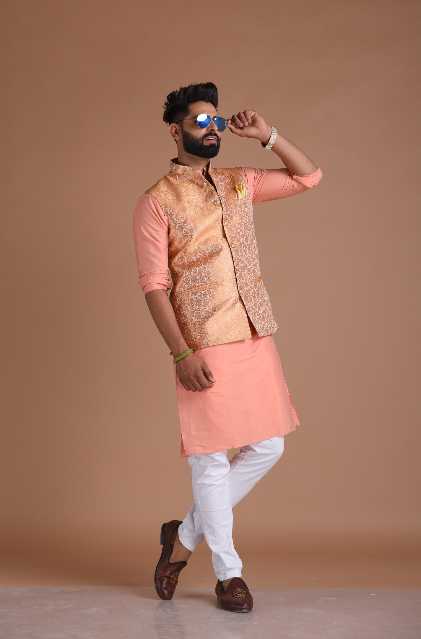 Traditional Floral Pattern Banarasi Brocade Nehru Jacket with Silk Kurta Pajama Set| Fee Personalisation |  Best for Sangeet Function | Family Function|
