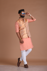 Traditional Floral Pattern Banarasi Brocade Nehru Jacket with Silk Kurta Pajama Set| Fee Personalisation |  Best for Sangeet Function | Family Function|
