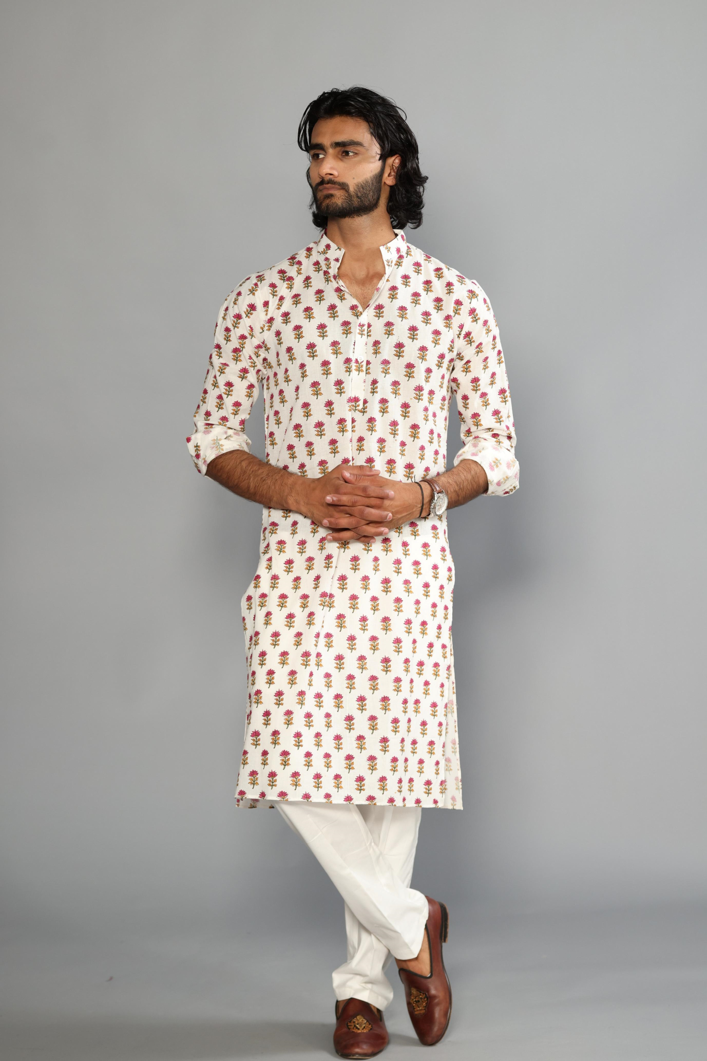 Elegant Off White Pink Booti Print Sanganeri White Kurta with White Pajama | Diwali, Eid , Pooja | Traditional , Functional , Wedding , Indian Party Wear