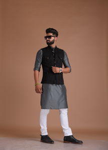 Exclusive Black Faux Suede Leather Half Hunting Style Jacket with Kurta Pajama Set | Perfect for Casual wear, Festive wear|