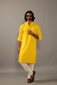 Hand-crafted Yellow Lucknowi Chikankari Embroidered Kurta-Pajama Set| Best for Wedding wear, Festive wear| Navratri, Diwali, Raksha Bandhan|