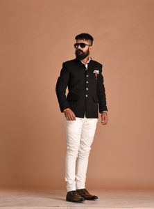 Aesthetic Black Suede Leather Jodhpuri Bandhgala with White Trouser | Party Wear for Open and Daylight Functions