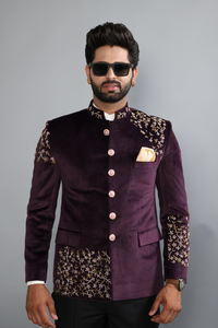 Aesthetic Mulberry Hand Embroidered Velvet Maharaja Jodhpuri Band gala Jacket with Black Trouser |Handmade Stonework Buttons| Perfect Contemporary style for Wedding