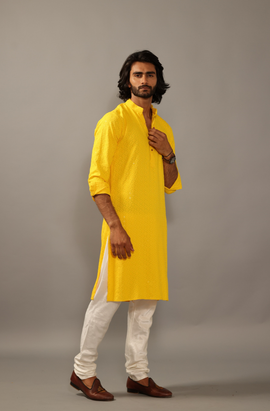 Hand-crafted Yellow Lucknowi Chikankari Embroidered Kurta-Pajama Set| Best for Wedding wear, Festive wear| Navratri, Diwali, Raksha Bandhan|