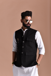 Aesthetic Three Pocket Black  Premium Faux Suede Leather Nehru Jacket with Kurta Pajama Set| Bespoke Indian Traditional Wear |