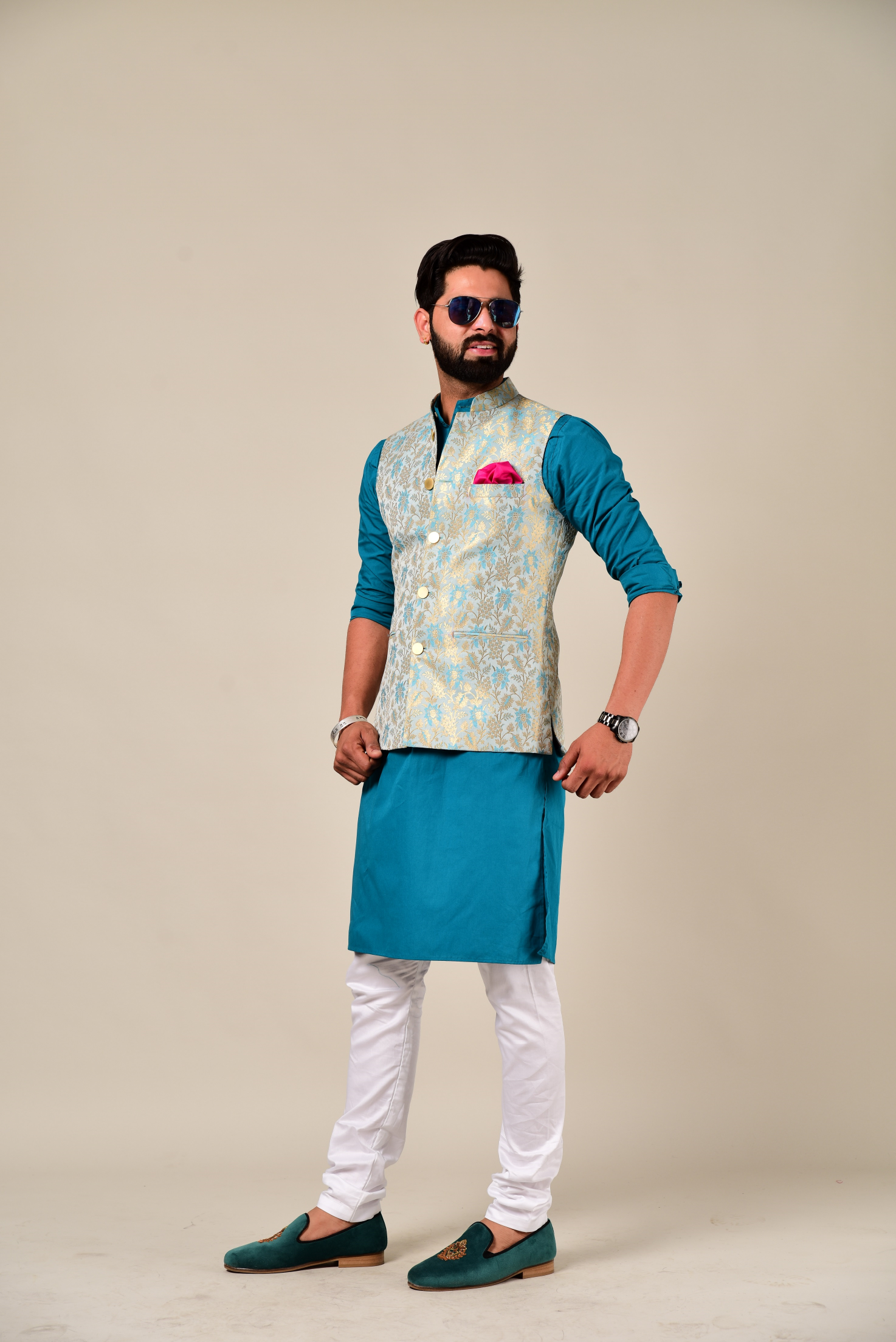 Aesthetic Sky-Blue Banarasi brocade Jodhpuri Jacket with Kurta Pajama Set | Free Personalization |Best Seller| Perfect  For Marriage Functions Festivals | Raksha Bandhan, Diwali, Navratri|
