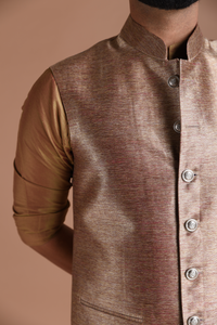 Traditional Maharaja Style Hand-crafted Kim-Khab Half Jodhpuri Jacket with Kurta-Pajama Set | Golden Magenta Color | Best for Cocktail Party|