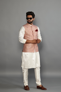 Traditional Silver Pink Banarasi Brocade Embroidered Nehru Jacket With Off White Silk Kurta Pajama-Handcrafted |Perfect for Festive wear| Free Personalization | Diwali, Sangeet Party