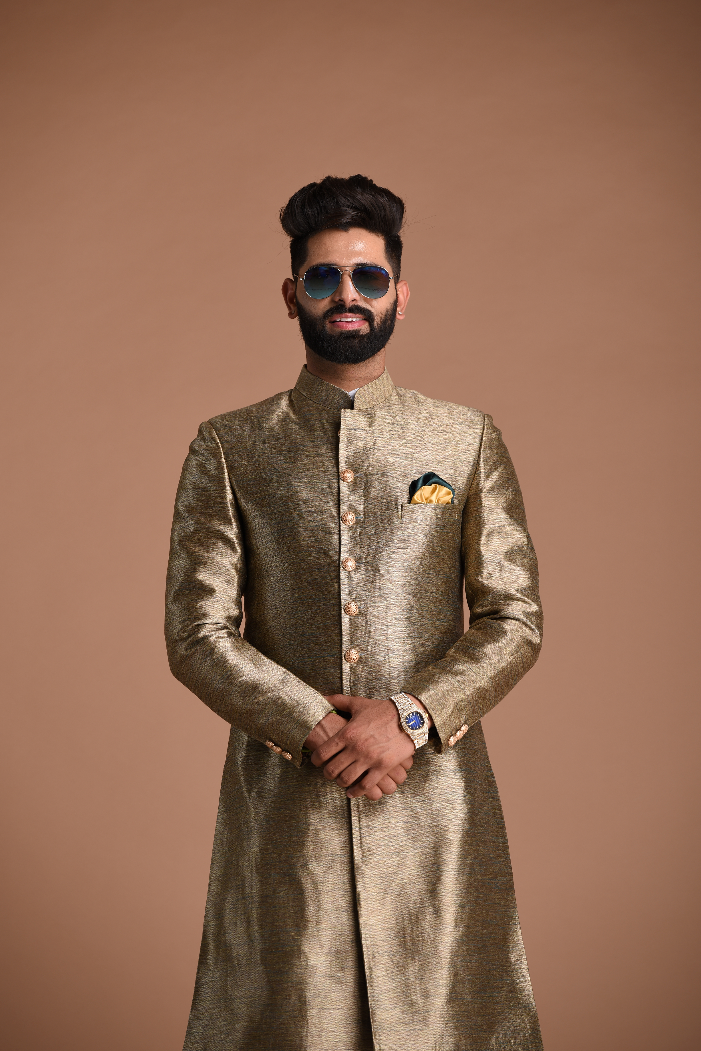 Alluring Golden Banarasi Silk Sherwani /Achkan for Men | Perfect Royal Groom Wear, Functional Wear| Maharaja Style|
