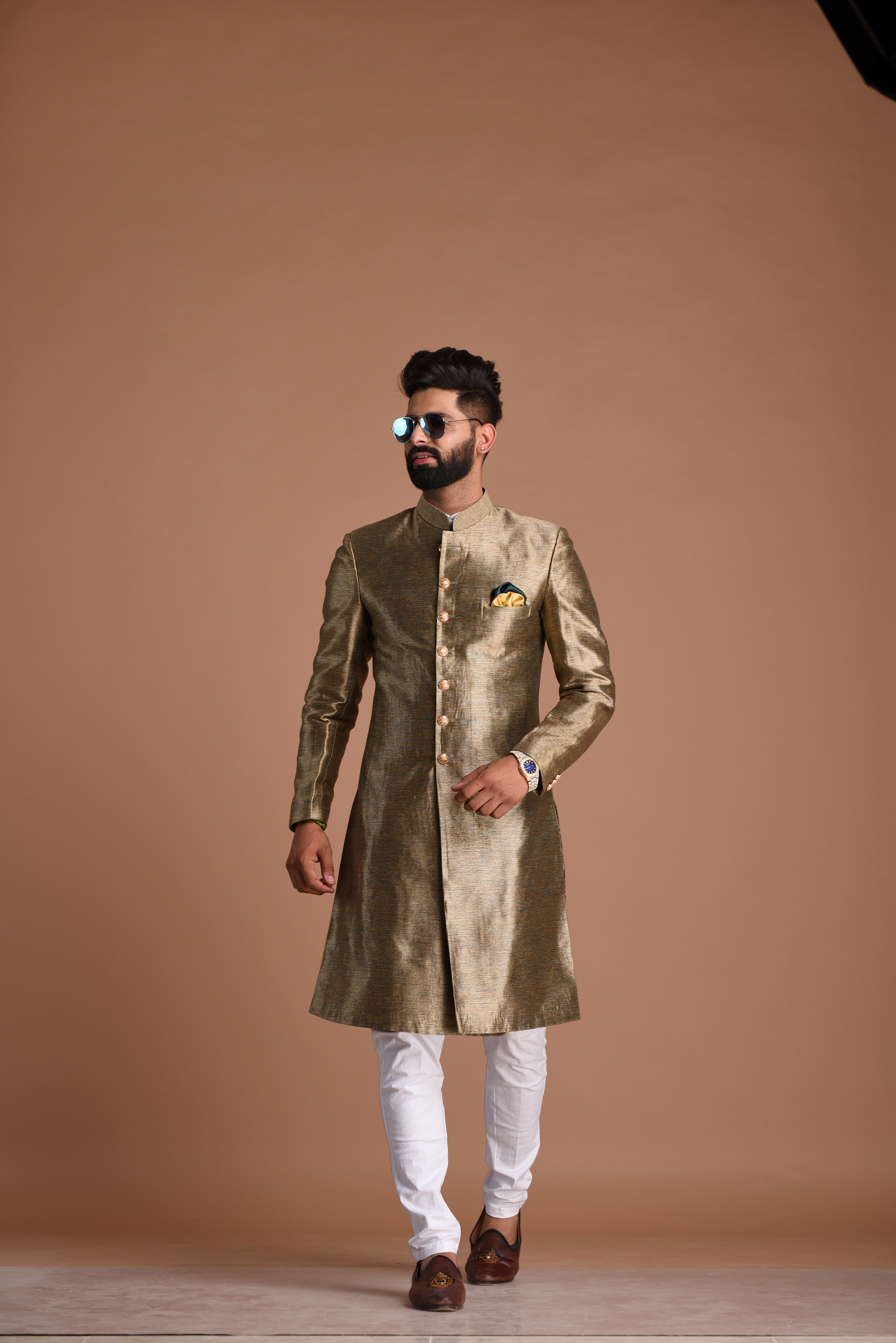 Alluring Golden Banarasi Silk Sherwani /Achkan for Men | Perfect Royal Groom Wear, Functional Wear| Maharaja Style|
