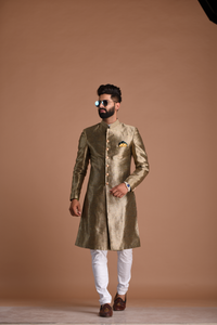 Alluring Golden Banarasi Silk Sherwani /Achkan for Men | Perfect Royal Groom Wear, Functional Wear| Maharaja Style|