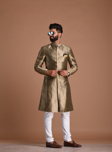Alluring Golden Banarasi Silk Sherwani /Achkan for Men | Perfect Royal Groom Wear, Functional Wear| Maharaja Style|