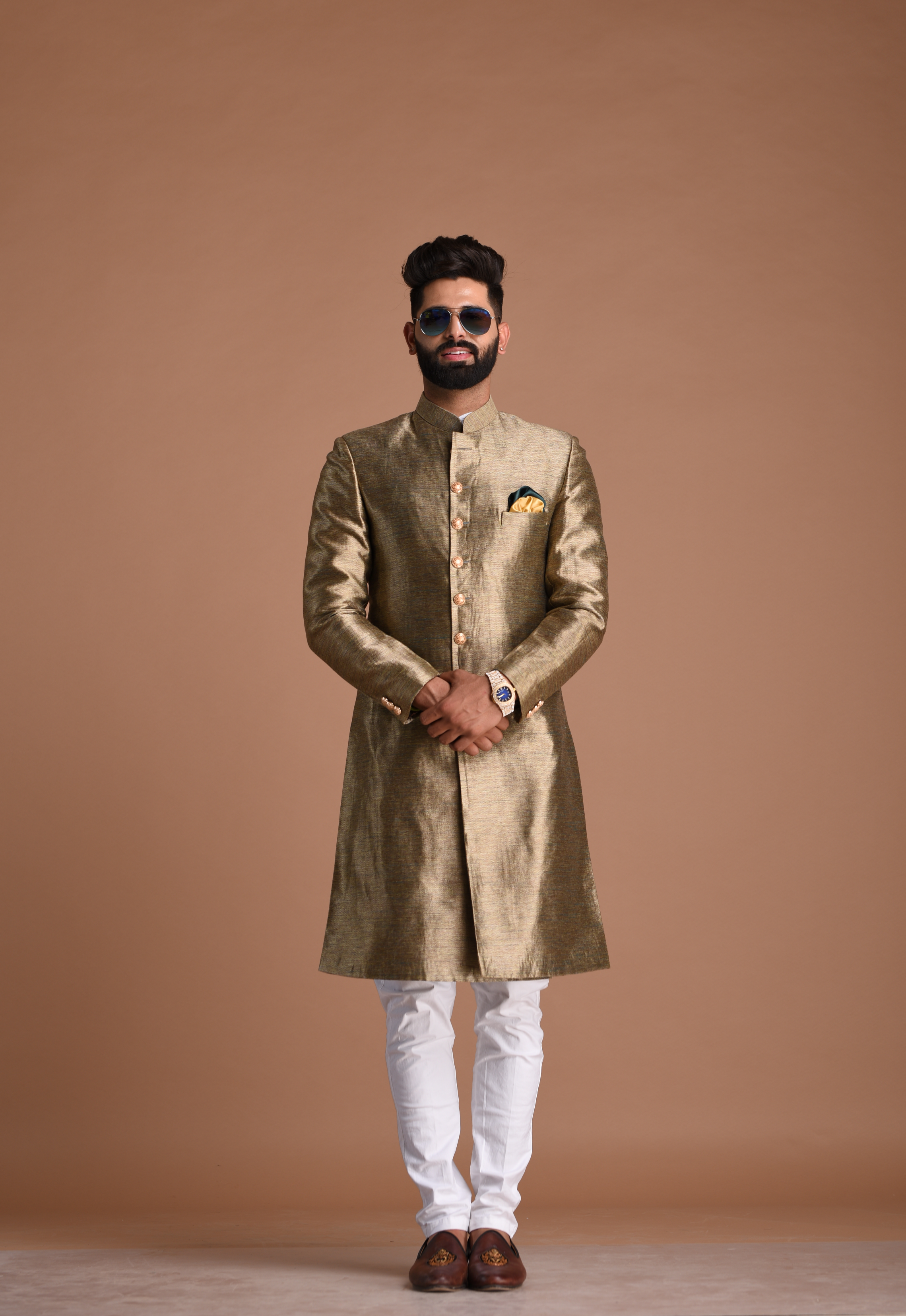 Alluring Golden Banarasi Silk Sherwani /Achkan for Men | Perfect Royal Groom Wear, Functional Wear| Maharaja Style|