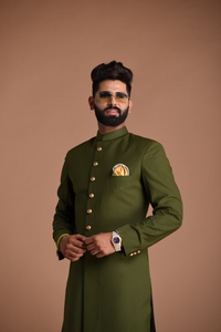 Stunning Solid Battle Green Sherwani Achkan for Men | Best for Groom Squad | Wedding functions