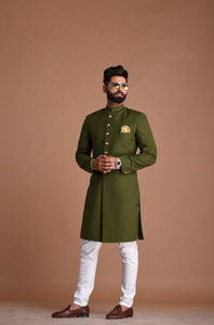 Stunning Solid Battle Green Sherwani Achkan for Men | Best for Groom Squad | Wedding functions