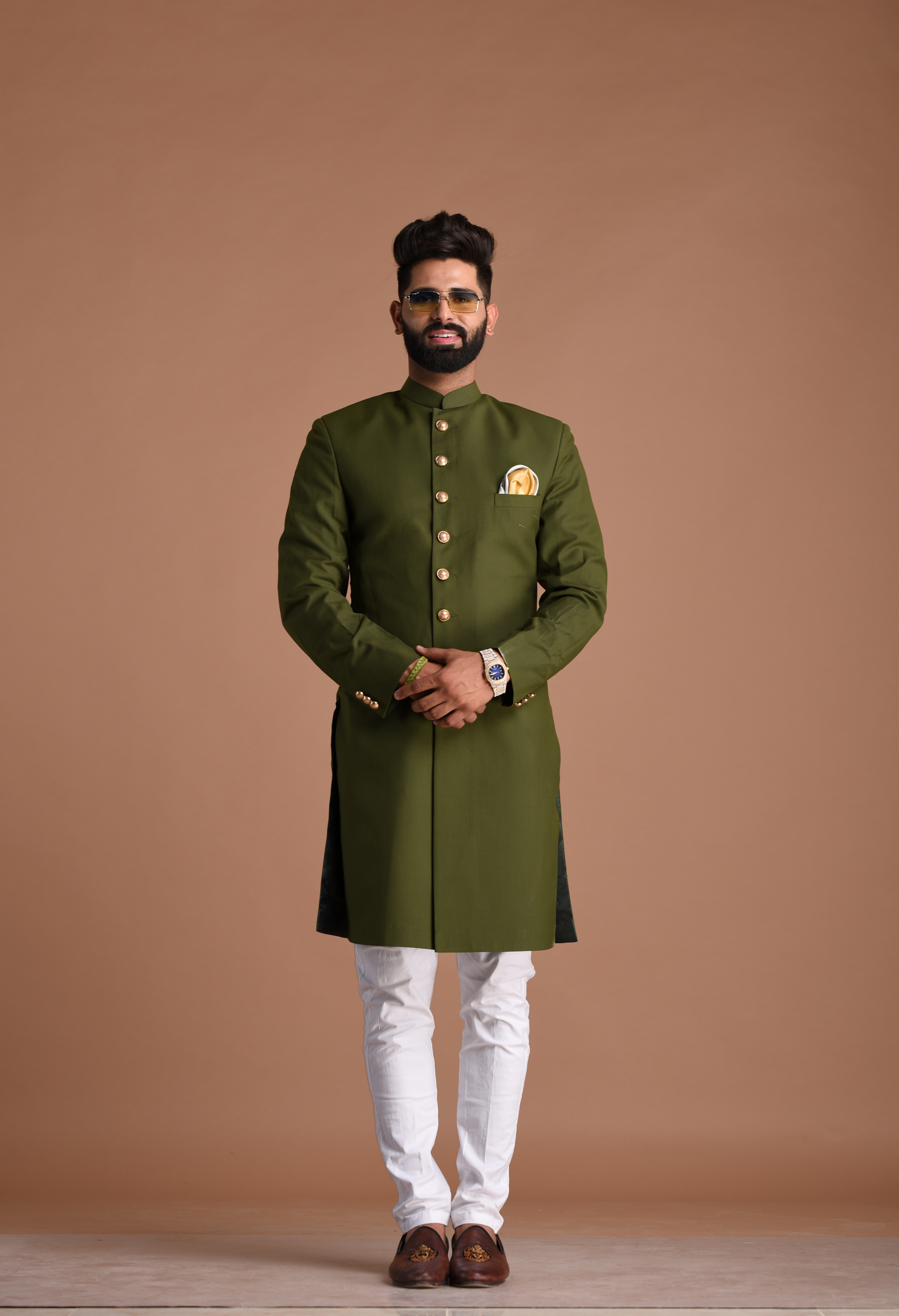 Stunning Solid Battle Green Sherwani Achkan for Men | Best for Groom Squad | Wedding functions