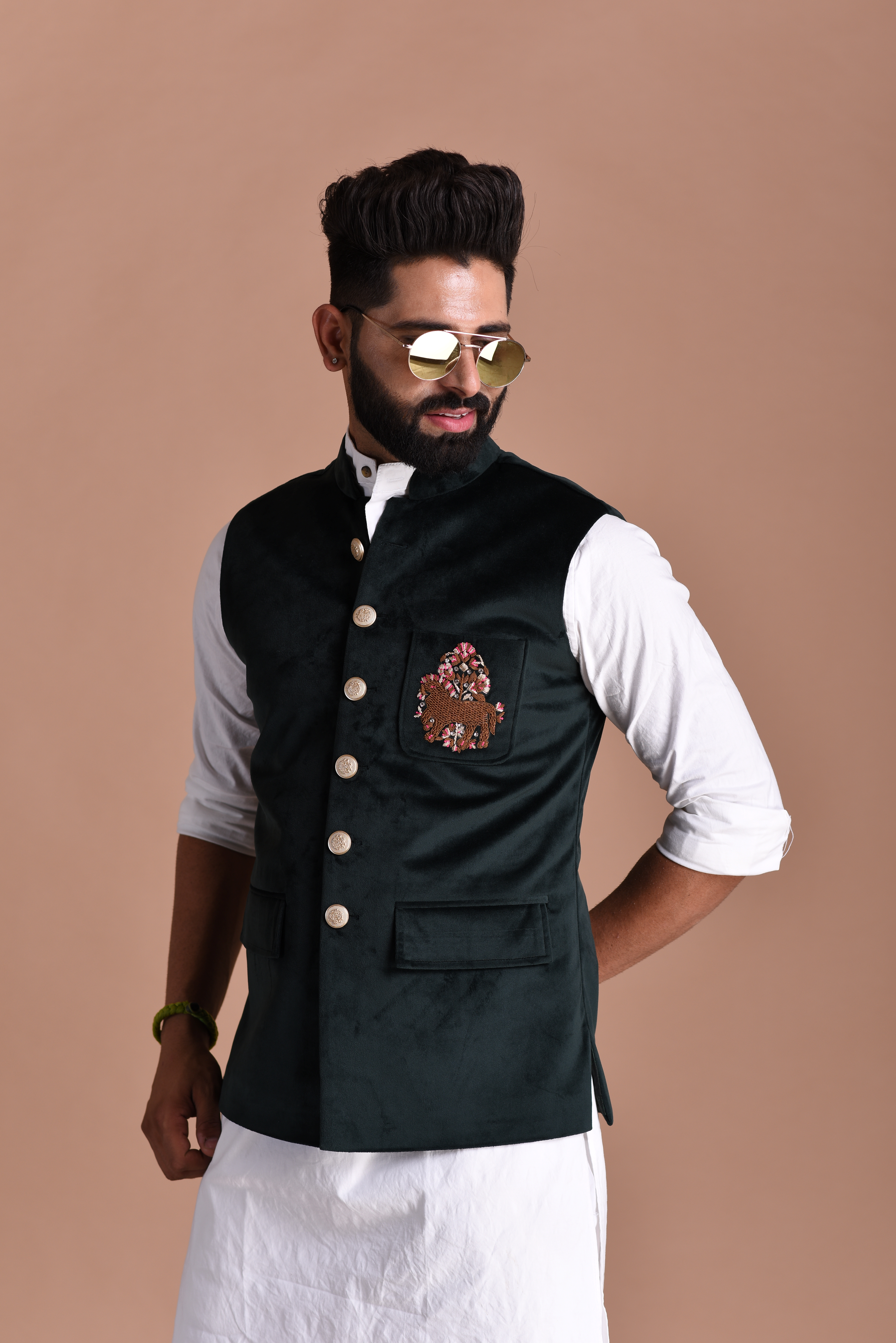Aesthetic Hand-Embroidered Royal Horse Velvet Jodhpuri Half Jacket with White Kurta Pajama Set | Dark Green Color | Free Personalization |