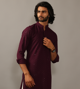Hand-crafted Wine Lucknowi Chikankari Embroidered Kurta-Pajama Set| Best for Wedding wear, Festive wear| Navratri, Diwali, Raksha Bandhan|