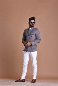 Stunning Grey Suede Leather Designer Jodhpuri Bandhgala with White Trouser | Wedding Functions | Perfect for formal Party Wear