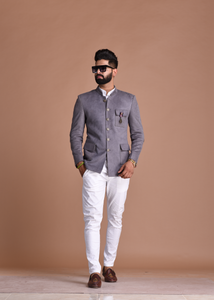 Stunning Grey Suede Leather Designer Jodhpuri Bandhgala with White Trouser | Wedding Functions | Perfect for formal Party Wear
