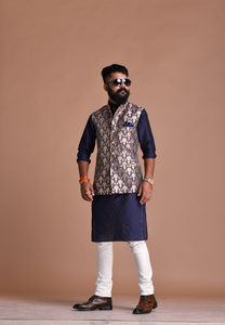 Stunning Diamond Pattern Banarasi Brocade Nehru Jacket with Kurta Pajama Set |Navy Blue-Golden| Best For Wedding Functions