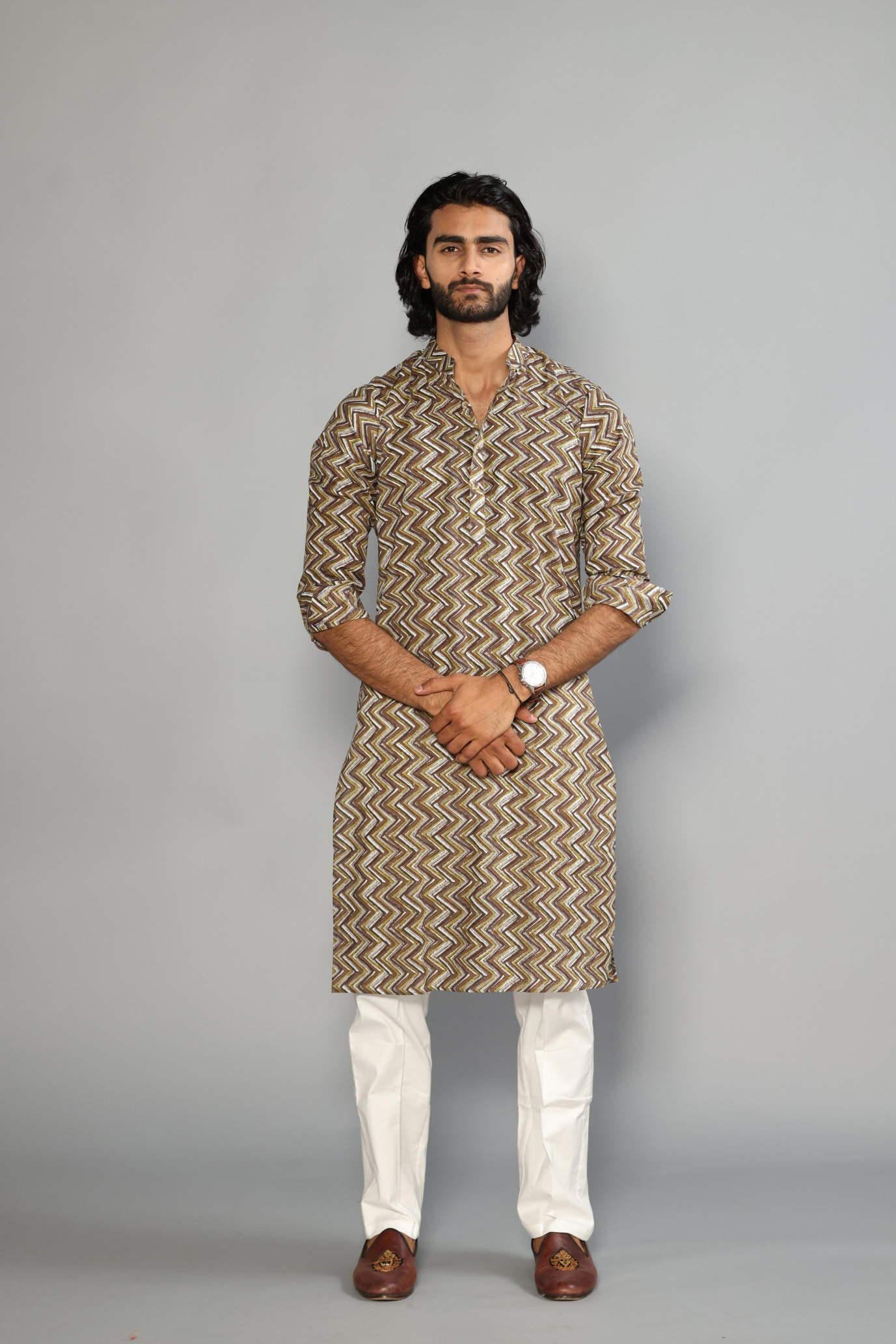 Elegant Cedar Brown Zigzag Printed Sanganeri Kurta Pajama Set | Diwali, Eid , Pooja | Traditional , Functional , Wedding , Indian Party Wear