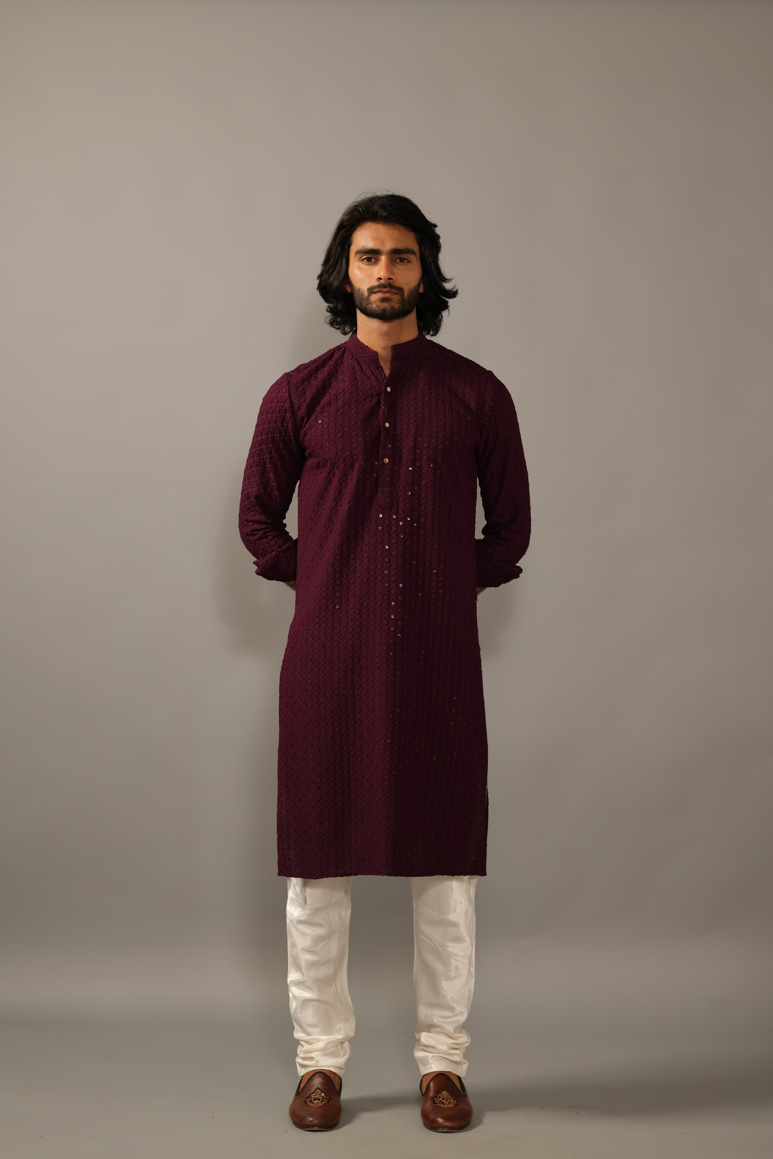 Hand-crafted Wine Lucknowi Chikankari Embroidered Kurta-Pajama Set| Best for Wedding wear, Festive wear| Navratri, Diwali, Raksha Bandhan|