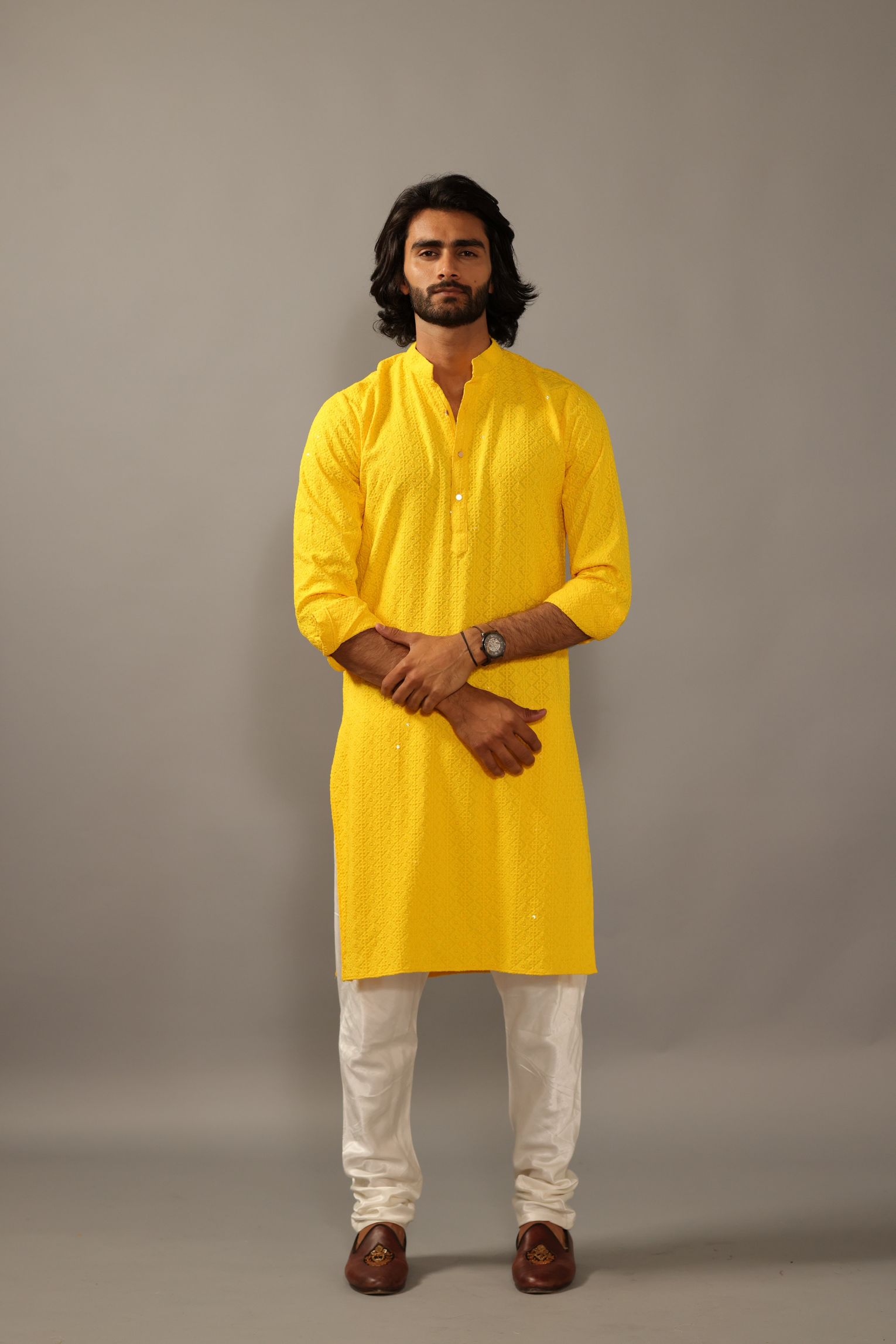 Hand-crafted Yellow Lucknowi Chikankari Embroidered Kurta-Pajama Set| Best for Wedding wear, Festive wear| Navratri, Diwali, Raksha Bandhan|