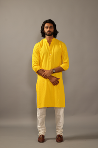Hand-crafted Yellow Lucknowi Chikankari Embroidered Kurta-Pajama Set| Best for Wedding wear, Festive wear| Navratri, Diwali, Raksha Bandhan|