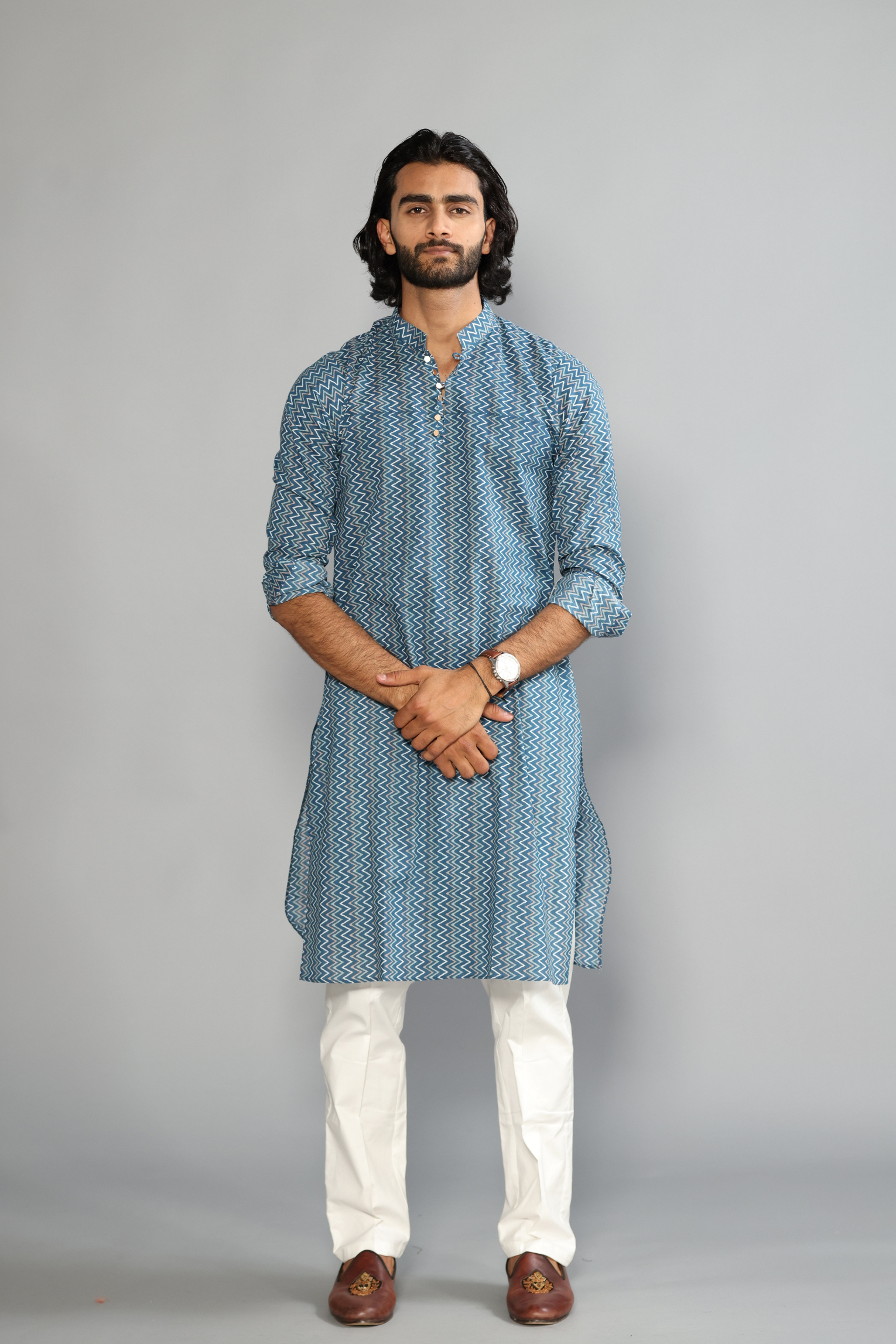 Elegant Blue Zigzag Printed Sanganeri  Kurta with White Pajama Set | Diwali Eid, Pooja | Traditional, Functional, Wedding, Indian Party Wear