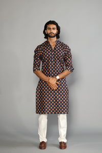Hand-crafted Red Booti printed Navy Blue Sanganeri Kurta-Pajama Set | Diwali, Eid , Pooja | Traditional , Functional , Wedding , Indian Party Wear