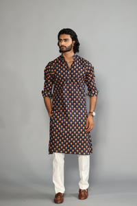 Hand-crafted Red Booti printed Navy Blue Sanganeri Kurta-Pajama Set | Diwali, Eid , Pooja | Traditional , Functional , Wedding , Indian Party Wear