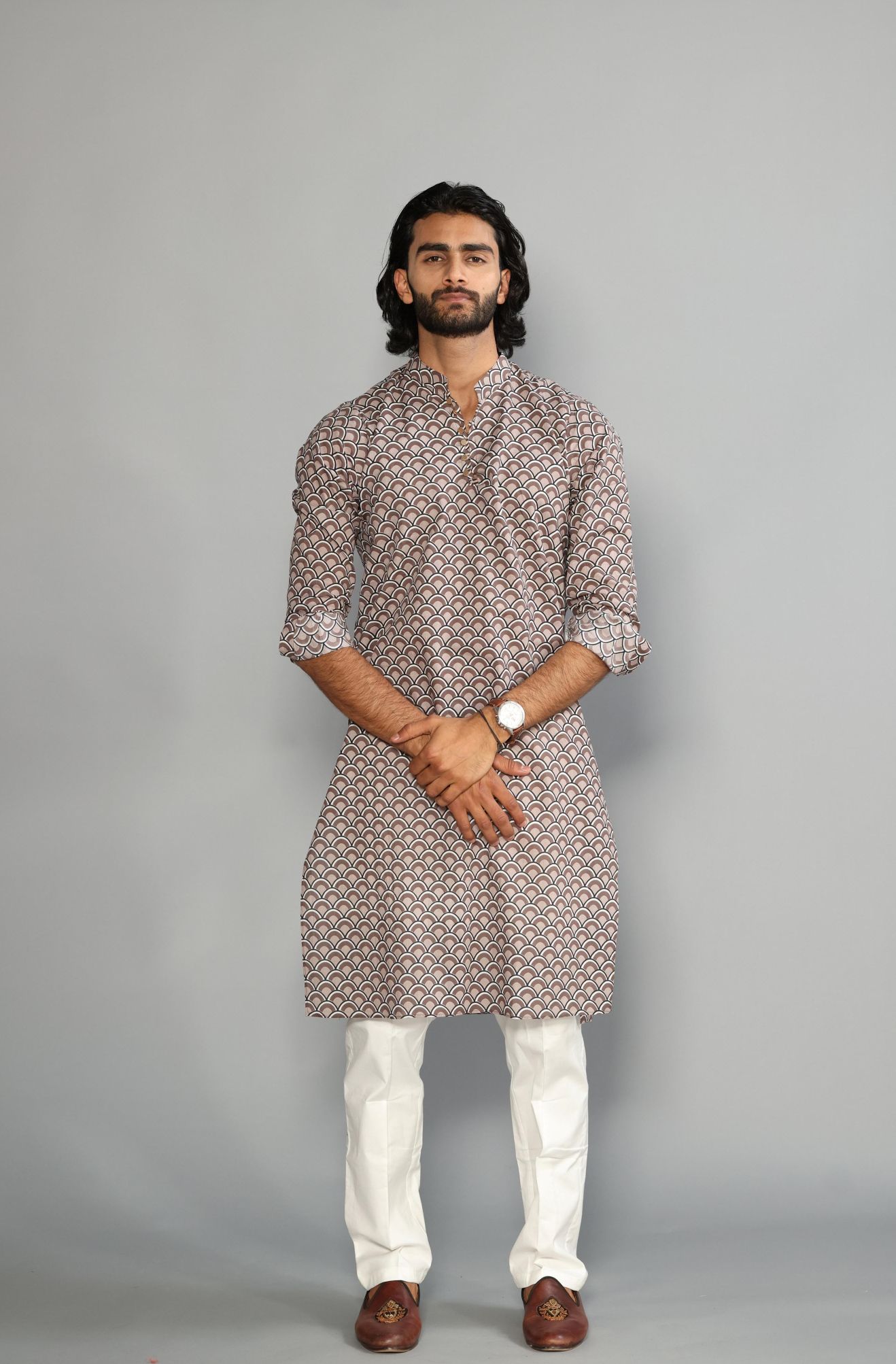 Hand-crafted Tawny Brown Scales Print Sanganeri Kurta With White Pajama | Diwali Eid, Pooja | Traditional, Functional, Wedding, Indian Party Wear